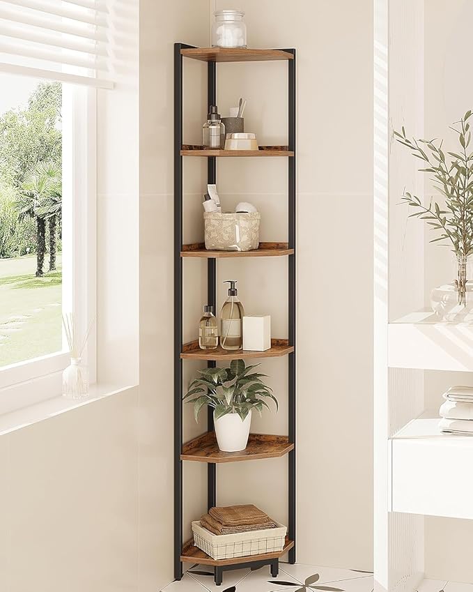Corner Shelf Stand, Corner Bookshelf, Storage Standing Shelf Unit with Metal Frame, Plant Stand, Bookcase for Living Room, Home Office, Bedroom, 6-Tier Rustic Brown CS06001B