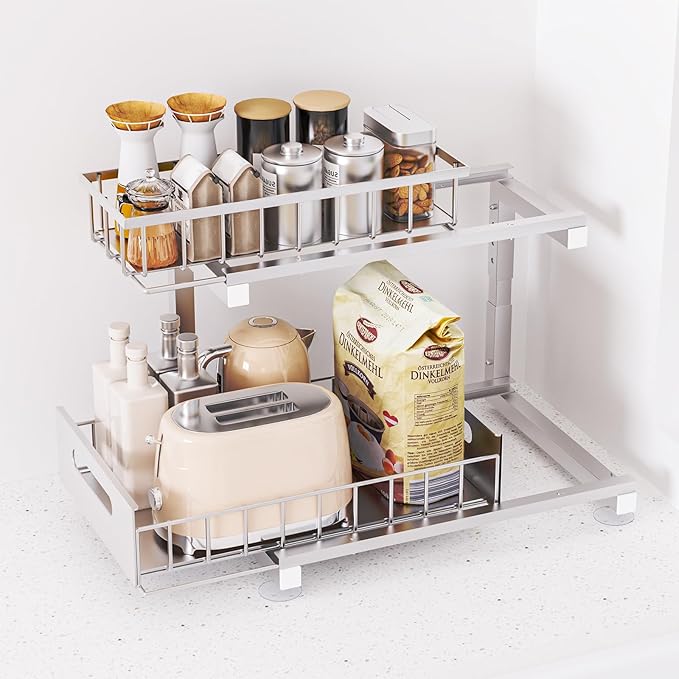 Under Sink Organizer, Heavy Duty Metal Pull Out Cabinet Organizer Slide Out Sink Shelf Organizer Height Adjustable, Multi-Purpose Storage Shelf for Kitchen Bathroom(Sliver,2Pack)