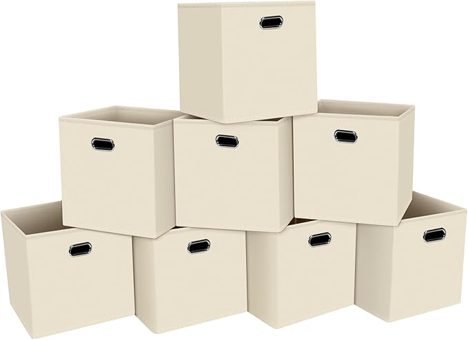 Fabric Cloth Storage Bins,Fabric Cube Organizer with Dual Handles Foldable Cube Storage Baskets for Home Bedroom Storage,Set of 8,(Creamy-White)