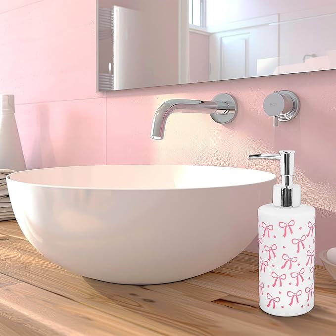 Pink Bow Soap Dispenser Coquette Bow Knot Mini Heart Glass Soap Dispenser with Pump Refillable Liquid Soap Container for Bathroom Kitchen Countertop Decor