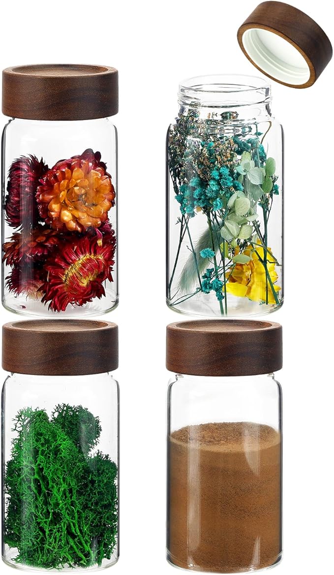 Patoper Small Glass Jars with Airtight Lid Clear Coffee Ground Storage Canister Wooden Lid Round Glass Spice Jar for Pantry Sugar Tea Bean Nuts Cookies Bath Salts (4×250ml(8.4oz))