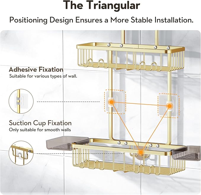 VALORDINE Shower Caddy Hanging, Shower Organizer Hanging, Aluminum Shower Racks for Inside Shower with Hooks for Razor, Never Rust Bathroom Organizers and Storage with Soap Holder, Gold