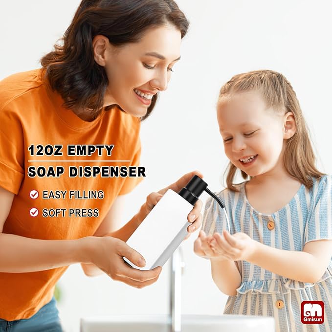 GMISUN White Soap Dispenser Bathroom, Hand Glass Soap Dispenser with Stainless Steel Pump, 12 fl oz/350ml Dish Dispenser for Kitchen, Modern Refillable Liquid Soap and Lotion Dispenser for Countertop