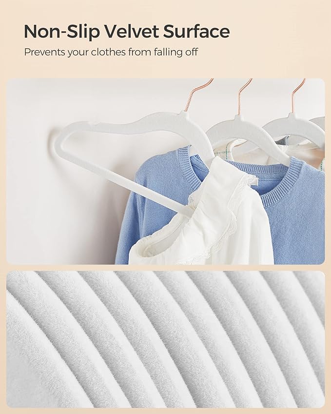 SONGMICS Baby Kids Hangers 50 Pack for Closet, 11.8 x 8.1 Inches, Rose Gold 360° Swivel Hooks, Space-Saving Clothes Velvet Hangers for Nursery, Non-Slip, Cloud White UCRF027W01