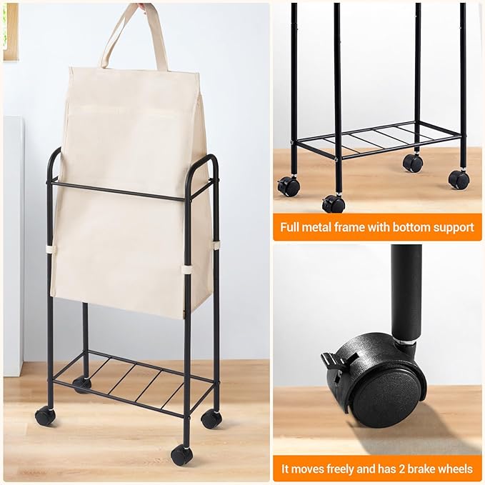 ELYKEN Slim Laundry Hamper with Lid, 50L Small Rolling Laundry Basket on Wheels, 7.9” Narrow Dirty Cloth Cart with Removable Inner Bag for Small Bathroom, Bedroom, Creamy