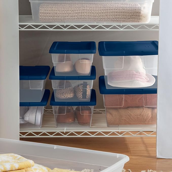 Sterilite Stackable 6 Quart Clear Home Storage Box with Handles and Blue Lid for Efficient, Space Saving Household Storage and Organization (30 Pack)