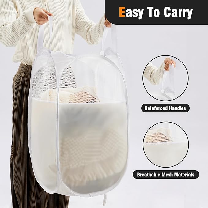 TECHMILLY Pop Up Foldable Laundry Basket, Mesh Laundry Hamper with Reinforced Handles for Dirty Clothes Storage in Dorm, Laundry Room, Bathroom, White(Fabric), 3 Pack