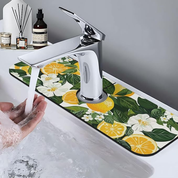 Faucet Draining Mat For Kitchen Sink, Yellow Lemons Green Leaves Diatom Mud Absorbent Drain Pad For Bathroom Kitchen Sink Splash Guard Drying Mat