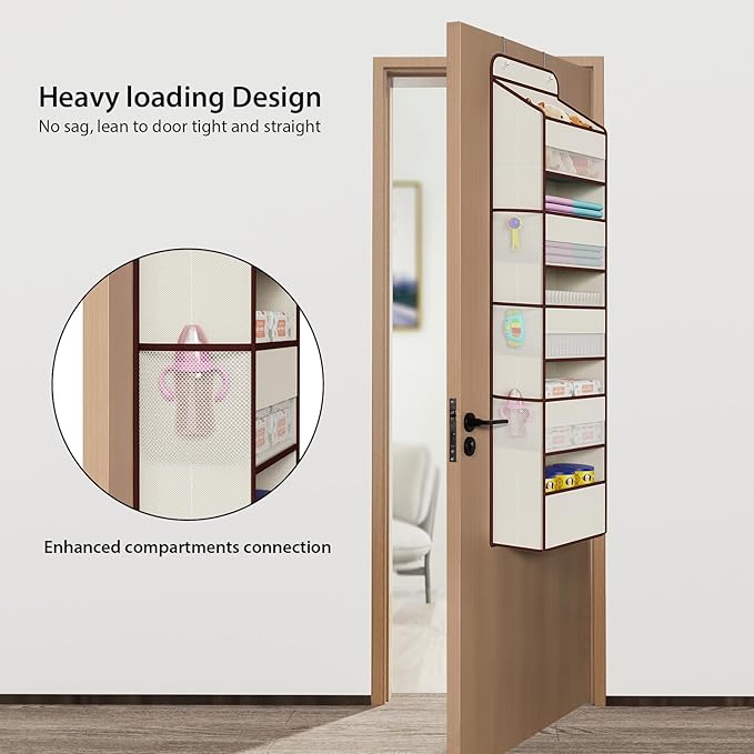 Univivi 1 Pack Over The Door Organizer, Non-Tilting Over The Door Organizer Hanging Door Storage With 5 Large Compartments 6 Side Pockets for Nursery Storage (Beige)