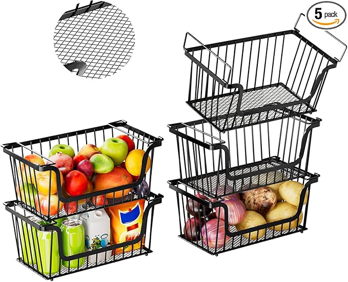 5 Pack Enhanced Leak-Proof Bottom Stackable Wire Baskets, Pantry Organizers and Storage, pantry storage，Shelf Baskets, Fruit Basket, Potato and Onion Storage Bins，(Black)