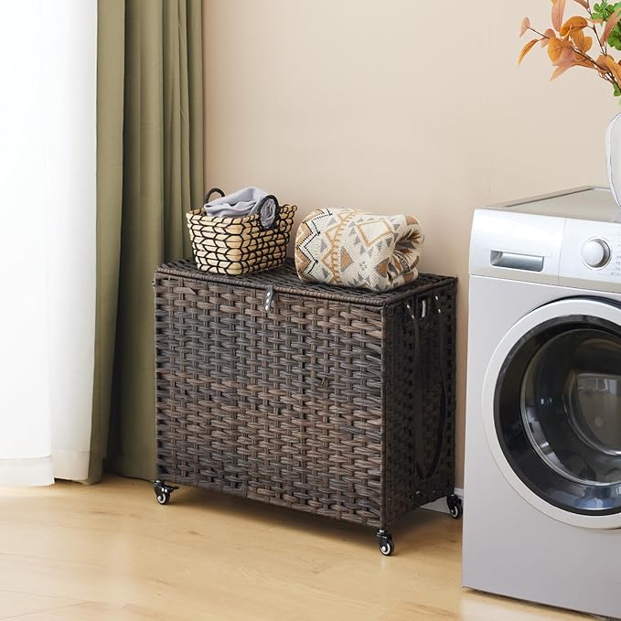 Laundry Hamper with Wheels, 34.3 Gallon(130L) Rolling Laundry Basket with Lid, 3-Section Rattan Clothes Hamper with 3 Removable Liner & 3 Mesh Bags, Laundry Sorter with Side Pocket, Brown