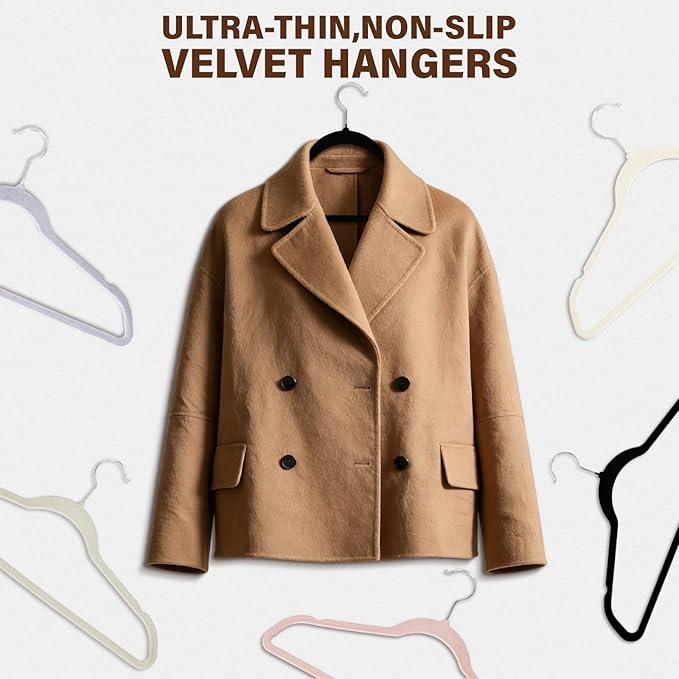 Premium Velvet Hangers 50 Pack, Non-Slip Flocked Felt Hangers, Sturdy Clothes Hangers with 360° Rotatable Hook, Heavy Duty Coat Hanger, Durable Slim Hanger for Closet Space Saving.