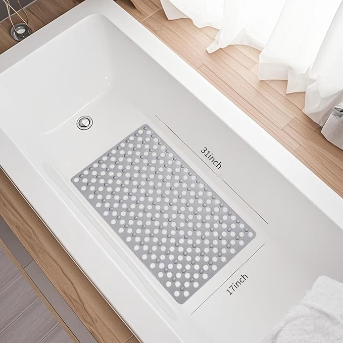 BREELEAM Non Slip Bathtub Mat and Shower Mat 31x17 inch,Bath Mat with Quick Dry Drain Holes and Suction Cups, Soft Comfortable Safe Bathroom Mat for Bath Tub, Floor, Tile (Grey)