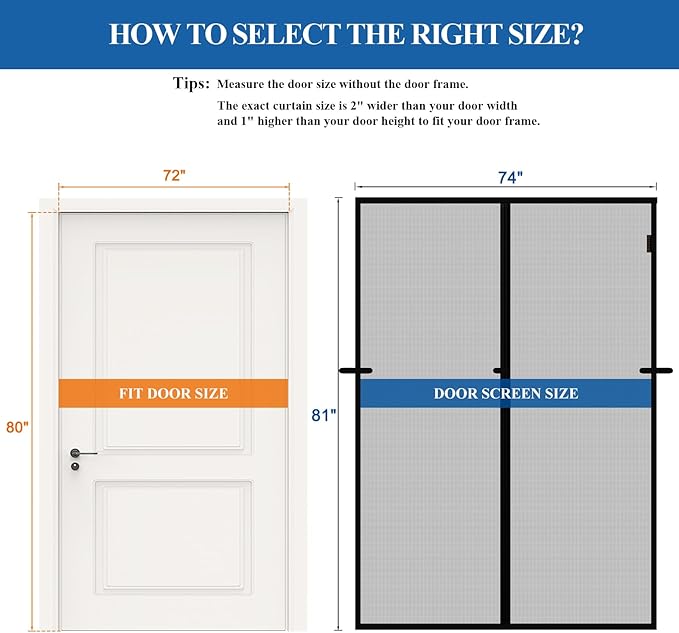 Magnetic Screen Door, Fits Door Size 72'' x 80'', Scratch-Proof Polyester, Classic Middle-Opening, Keep Annoying Creatures Out, Pet Friendly Mesh, Walk Through, Suitable for French/Double Doors, Black