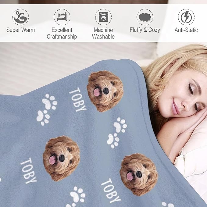 Custom Blanket with Dogs Pictures & Name Personalized Funny Dog Face Throw Blankets Soft Warm Plush Fleece Customized Blanket for Couch Bed Sofa Gifts for Dog Dad Mom Birthday Christmas