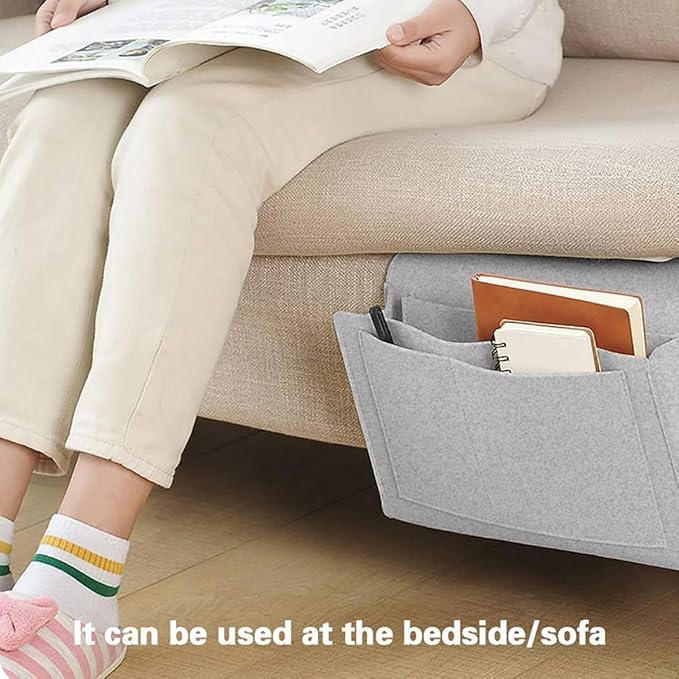 Bringsine 5 Pockets Bedside Caddy, Felt Bed Storage Organizer Hanging Bag Holder for Magazine Book Phone Tablet iPad Cables Remote and Water Bottle Holder Home Dorm Bed Sofa-Light Gray