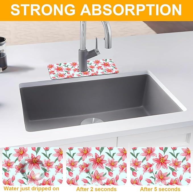2 Pack Vintage Flowers Leaves Sink Faucet Absorbing Mat Colorful Llilies Super Absorbent Fast Drying Mat Sink Gadgets Behind Faucet Sinkmat for Kitchen Bathroom, 15.5"x5.5"
