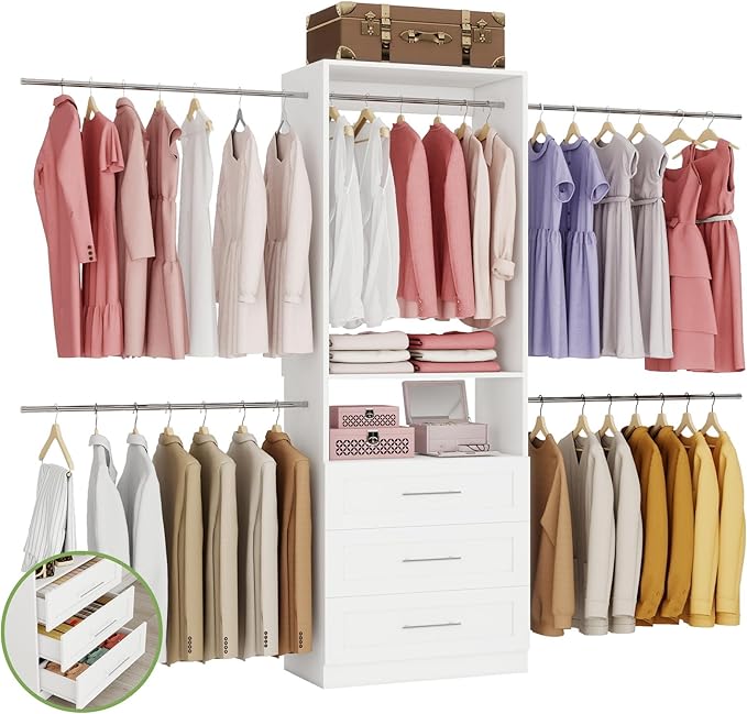 Closet System with 3 Drawers, 4–8.5 Ft Closet Organizer System with 5 Adjustable Hanging Rods & Shelves, Wood Walk-In Closet System, Built-In Modular Closet Kit, Sturdy Garment Rack, White