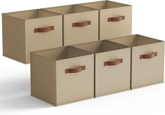 GRANNY SAYS Cube Storage Bins, 11 Inch Cube Storage Organizer with PU Handle, Fabric Storage Bins, Storage Cubes for Shelves, Closet, Khaki, 6-Pack