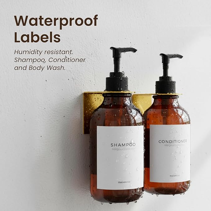 MaisoNovo Shampoo and Conditioner Dispenser - Shower Soap Dispenser Wall Mounted - 16.9 fl oz Set of 2 Amber Plastic Bottles Black Pump - 2 Chamber No Drill