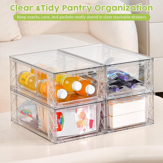 4 Pack Acrylic Storage Drawers, Clear Stackable Storage Drawers, Acrylic Organizers Drawers for Under Sink, Pantry, Bathroom, AcrylicStorage Containers for Makeup Organizers Cosmetic Display, Medium