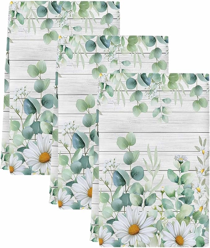 Kitchen Towels Set of 3, Green Eucalyptus Leaves Soft Microfiber Dish Towels, Daisy Summer Botanical Wooden Absorbent Quick-Dry Washable Dishcloths for Kitchen Cleaning, Drying Dishes, 18x28 Inches