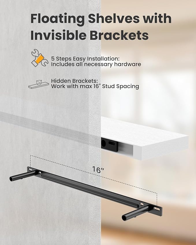 AMADA HOMEFURNISHING 23.6" L Floating Shelves, Wall Shelves Set of 3 for Bathroom/Living Room/Bedroom/Kitchen, White Floating Shelves for Wall Decor with Invisible Brackets - AMFS44W