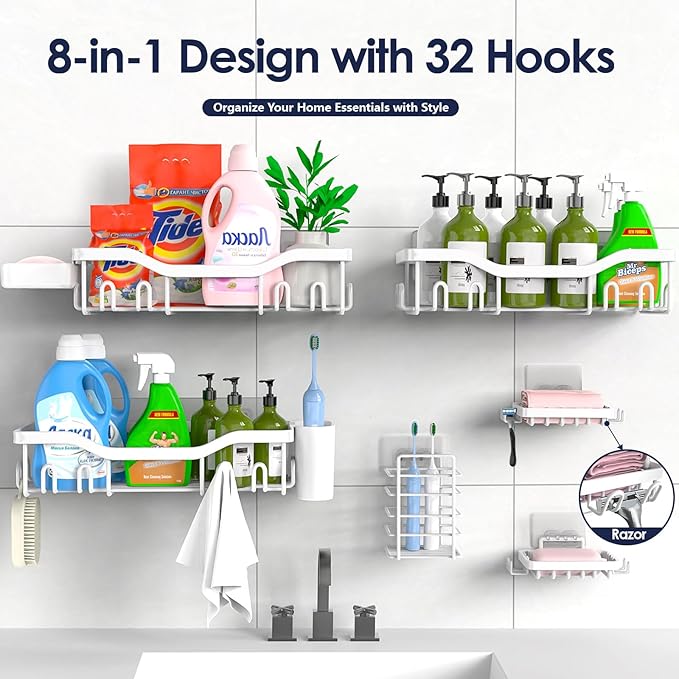 Shower Caddy Adhesive Shower Organizer 8-Pack, Rustproof Stainless Steel Bathroom Shelves, Large Capacity No-Drill Rack Storage Accessories with Soap Dish Toothbrush Holder Hooks
