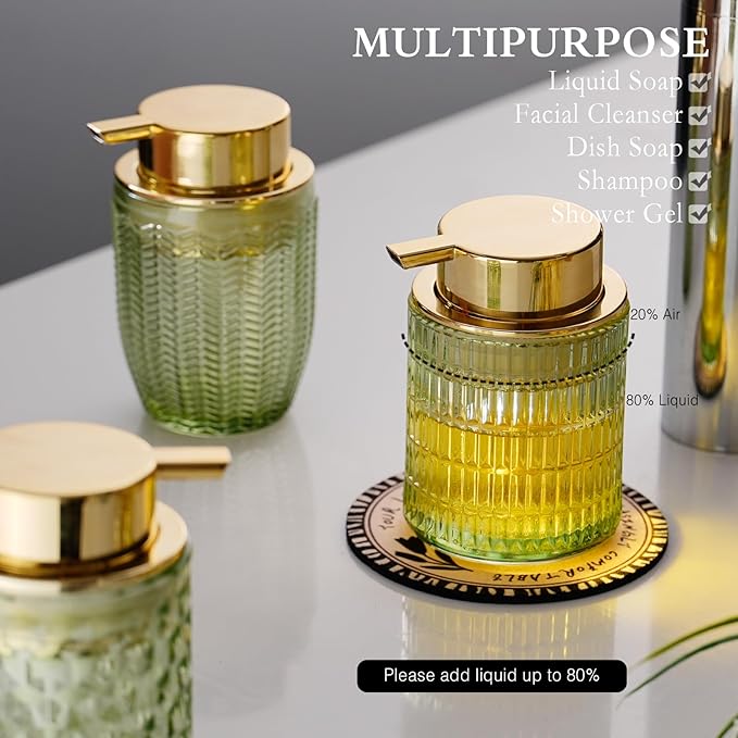 Glass Foam Soap Dispenser for Kitchen & Bathroom, Refillable Lotion Dispenser with Large Gold Pump(Striped Pattern-Green)