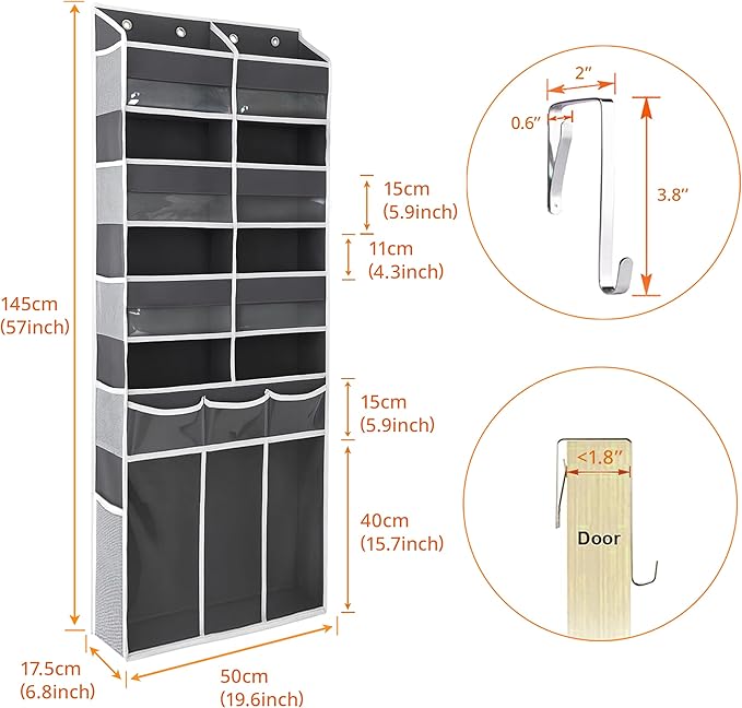 Extra Large Over The Door Organizer with Clear Pockets - 8 Compartments & XL Bottom Storage, Heavy-Duty Hanging Organizer for Bathroom, Bedroom, Closet (57 Inch Height).