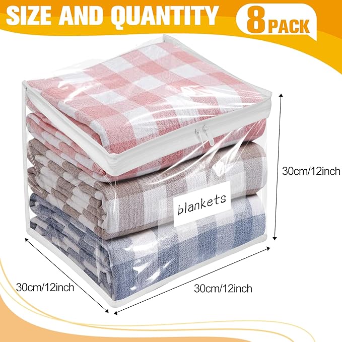 Plastic Storage Bags with Easy-Glide Zipper, Pack of 8, Durable Clear Vinyl Zippered Storage Bags for Clothes Sweaters Comforters Blankets Sheets Bedding (12 x 12 x 12 Inch)
