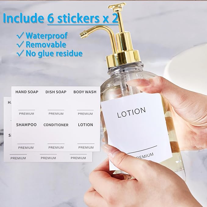 12oz Dish Soap Dispenser for Kitchen, Hand Glass Soap Dispenser Set with Pump, Tray, Funnel for Bathroom, Shower, Laundry, Liquid, Lotion (Gold 2 Pack Clear Bottles with 12 Stickers)