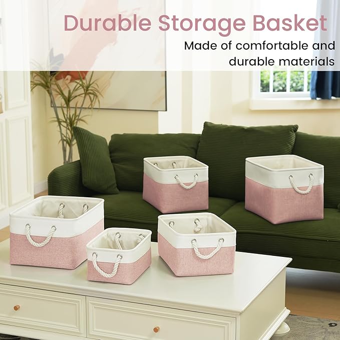 Large Storage Baskets- 15x11x10 inch Storage Bins for Shelves and Closet Organizing, Foldable Fabric Bin for Home Organization Clothes and Laundry (6-Pack, White&Pink)