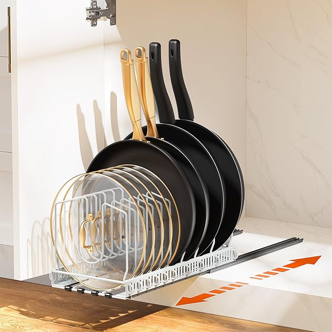 Housolution 1 Pack Pull out Pot Lid Organizer for Under Cabinet, Slide Out Pot and Pan Organizer with 10 Adjustable Dividers, Sliding Pan Holder Storage Rack inside Cabinet, White