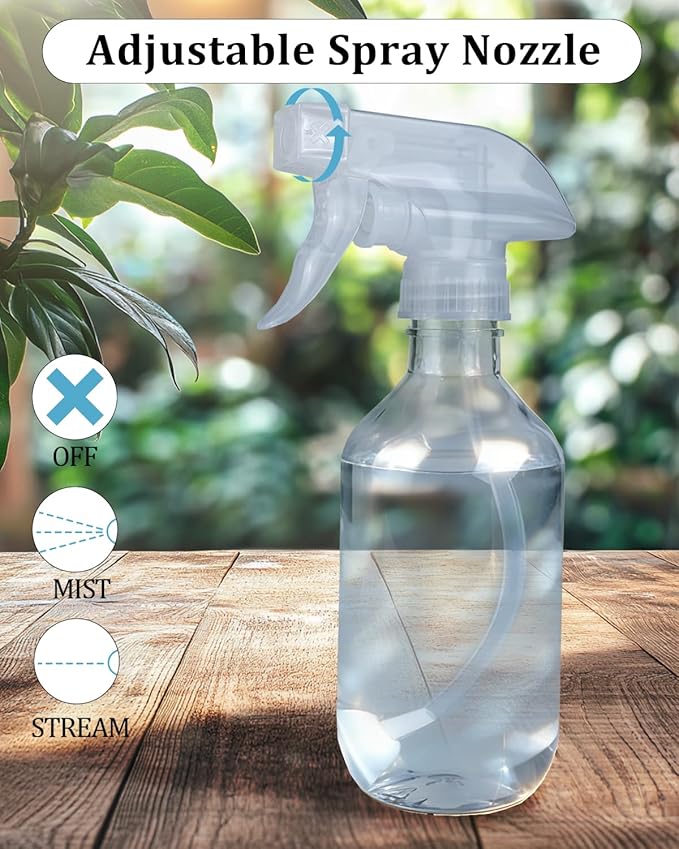 2 Pack 360° Spray Bottles, 10 oz Plastic Small Containers with Adjustable Spray Nozzles, Spray Bottles for Hair, Cleaning Solutions, BBQ and Plants Amber&Clear