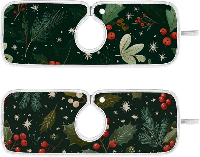 Sink Faucet Absorbing Mat Kitchen Sink Splash Guard Splash Faucet Drip Catcher for Bar RV Bathroom 2PCS 30x5.5in Green Christmas Holly Berries Pine Needles Leaves