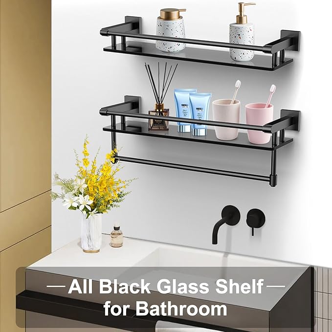 SFGSOWOR Glass Shelf for Bathroom 20 Inch Bathroom Shelves with Towel Bar Tempered Glass Shelves with Stainless Steel Towel Holder for Wall (All Matte Black)