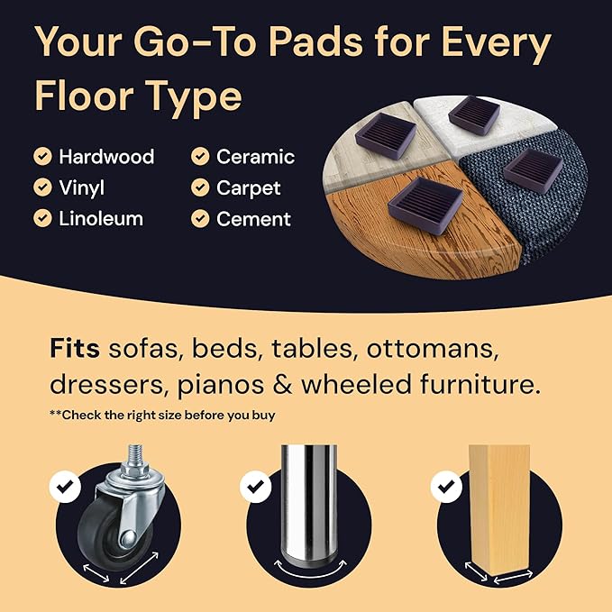 CasterMaster Non Slip Furniture Pads 3 Inch - Rubber Chair Leg Floor Protectors for Hardwood - Round Caster Cups & Couch Stoppers - Heavy Duty Feet Grippers (Black, Set of 4)