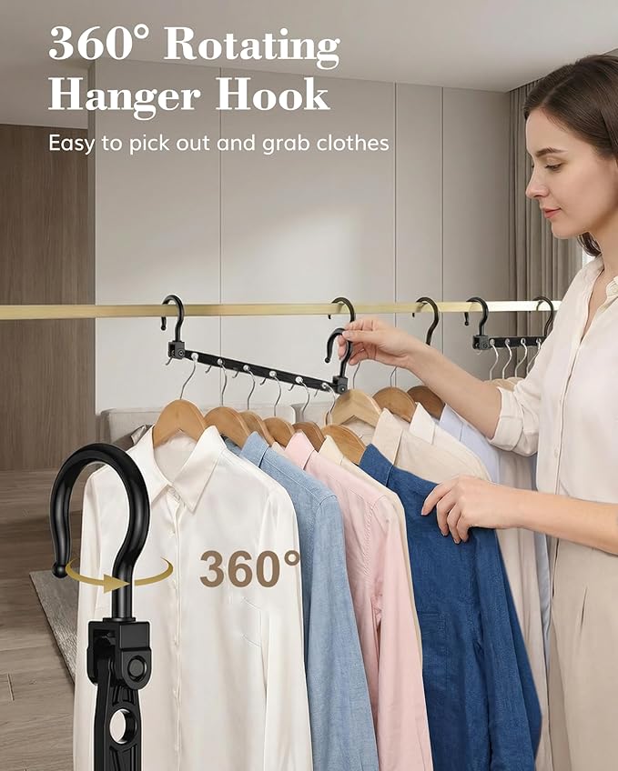 Space Saving Hangers for 48 Clothes, Reinforced Collapsible Hangers with 360° Swivel Hook, Hanger Hooks Space Saver for Closet Organizers and Storage, Dorm Room Essentials, Fully Assembled, Black