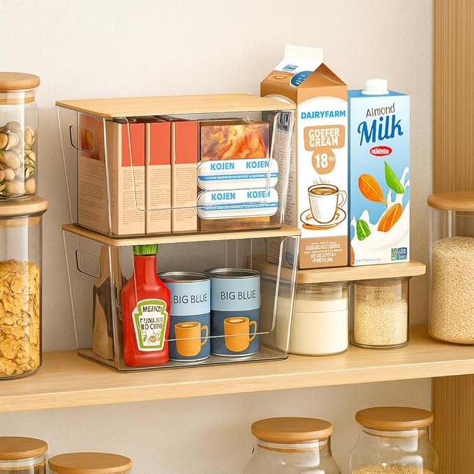 Trash Bag Holder with Bamboo Lid - Stackable Under Sink Organizer & Garbage Bag Dispenser for Kitchen Organization - Large Plastic Holder for Laundry Room, Pantry, Bathroom, Cabinets, 1 Pack