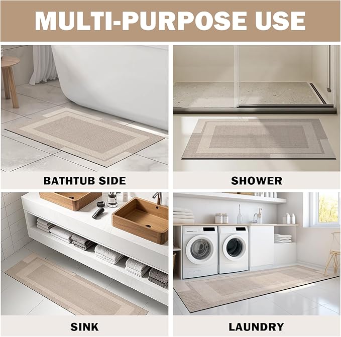 YDKGL Non Slip Bath Mat, Rubber Backing Ultra Thin Bathroom Rugs Fit Under Door Quick Dry Super Absorbent Washable Bath Rug Shower Mat for Bathroom Floor Bathtub Shower Sink, Easy Care Beige 24"x 35"