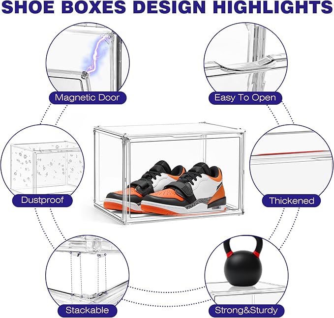 EDS FAM 12 Pack Acrylic Shoe Large Storage Box with Magnetic Door Size 13 Clear Stackable Shoe Organizer for Closet Space Saving Shoe Cabinet Sneaker Display Case
