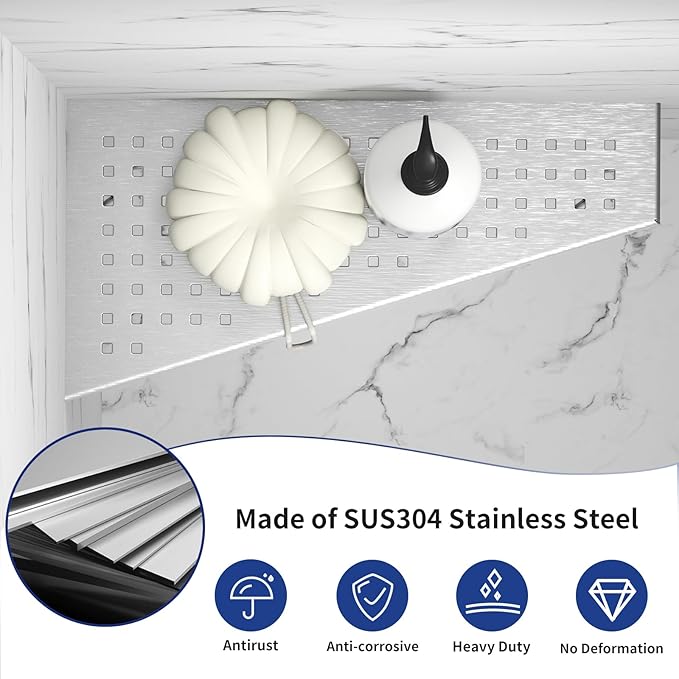 Bernkot Corner Shower Shelf, Brushed 12" Trapezoid Floating Shelf, 304 Stainless Steel Grid Design Recessed Bathroom Shelf for Tiled Wall, No Drilling