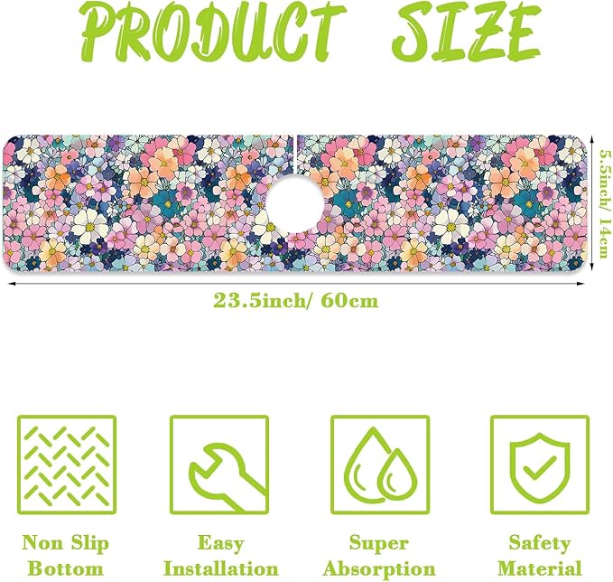 Sink Faucet Absorbing Mat Cute Flowers Sink Splash Guard Drying Mat for Kitchen Bathroom Faucet Sinkmat 23.5"X5.5"