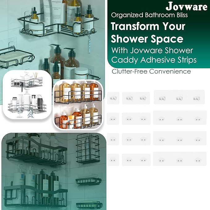 Jovware Upgraded Adhesive Hooks for Wall Mount, Self-Adhesive Corner Shelf Shower Caddy, Waterproof Bathroom & Kitchen, Wire Hook 12 Pack