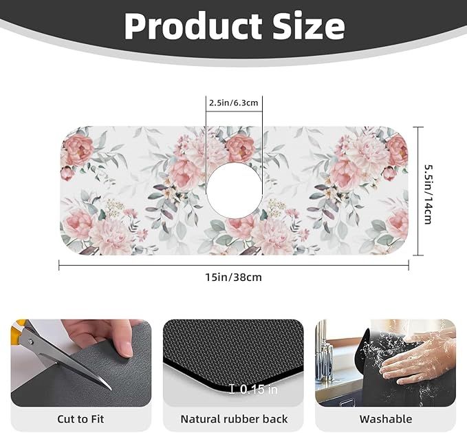 Peony Peonies Pink Flowers Leaves Watercolor Floral Kitchen Sink Splash Guard Faucet Mat Super Absorbent Fast Drying Mat Sink Gadgets-Fast Drying Pad Sink Mat For Kitchen Bathroom (15" X 5.5" )