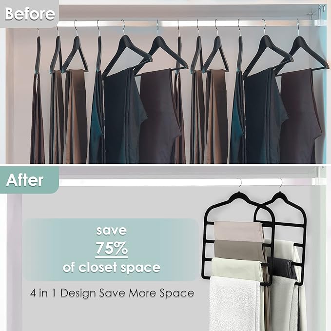Velvet Hangers Space Saving Non Slip Pant Velvet Hangers, DUDUCOFU 8 Pack Black Multi Layer Clothes Hangers Closet Organizer for Pants Trousers Scarf