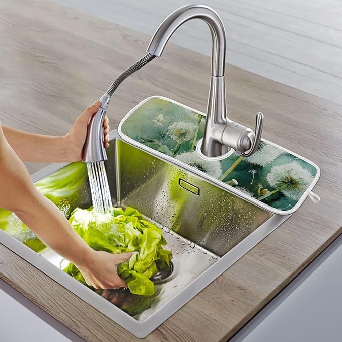 Sink Faucet Absorbing Mat Kitchen Sink Splash Guard Splash Faucet Drip Catcher for Bar RV Bathroom 2PCS 23.6x5.5in Sage Green Dandelion