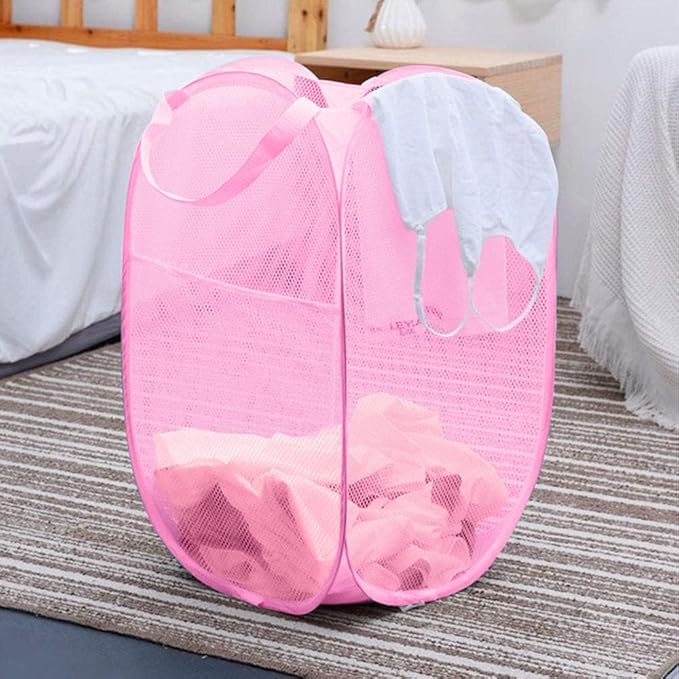 Pop Up Laundry Hamper Reinforced Collapsible Laundry Basket Foldable Clothes Hamper for Home, Dorm Room, Travel, Cruise, Pink