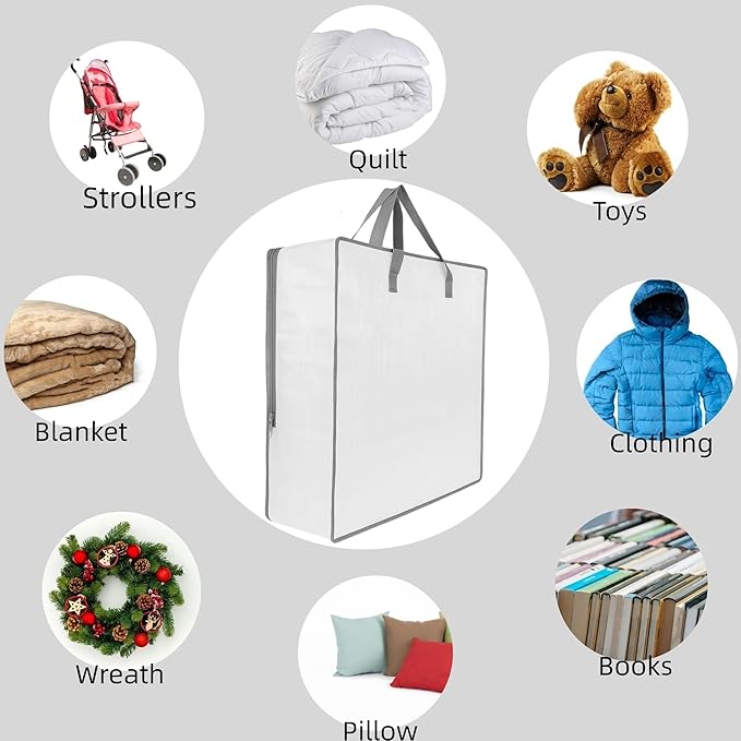 5 Pack Moving Bags, Wreath Storage Bag, Garland Container, Clear Storage Bags with Handles and Zippers Moving Bag for College Carrying, Bedding, Toys Organizer, Under the Bed Storage
